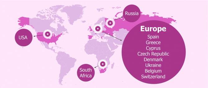 Map of the most popular destination countries for IVF treatment abroad