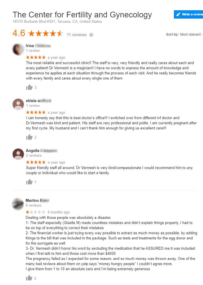 Google Reviews on Center for Fertility and Gynecology