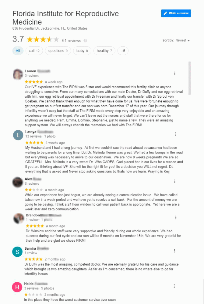 Imagen: Patients experience with Florida Institute for Reproductive Medicine
